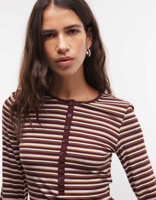 Monki top met lange mouwen en henleyhals in bruine streep, 3 van 4