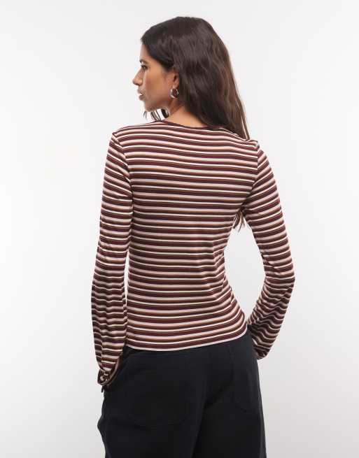 Monki top met lange mouwen en henleyhals in bruine streep, 4 van 4