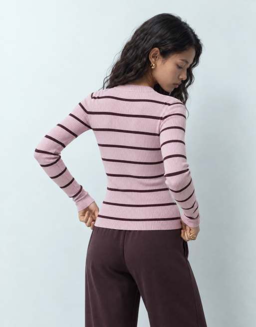 Monki top met lange mouwen en ribstructuur in roze streep, 6 van 10