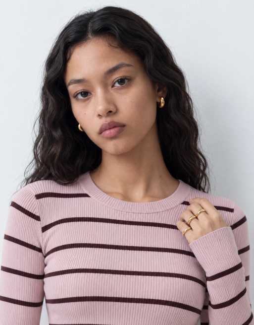 Monki top met lange mouwen en ribstructuur in roze streep, 8 van 10