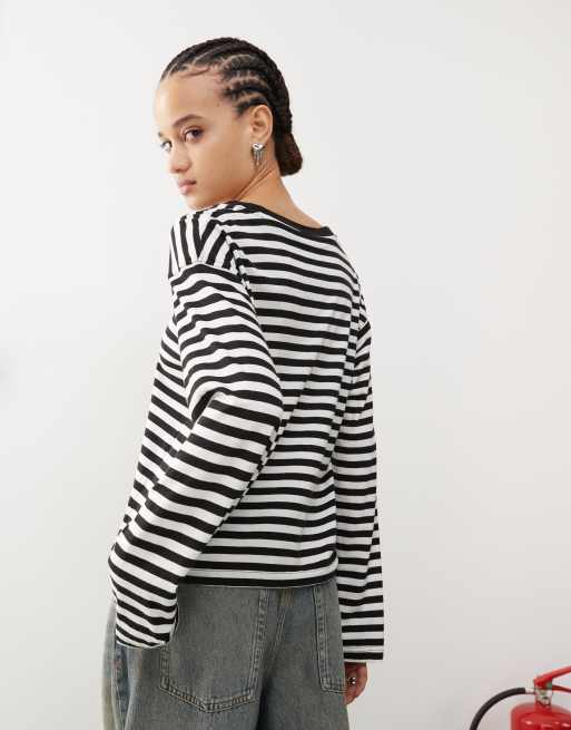 Monki - Top met lange mouwen en strepen in gebroken wit en zwart, 4 van 4
