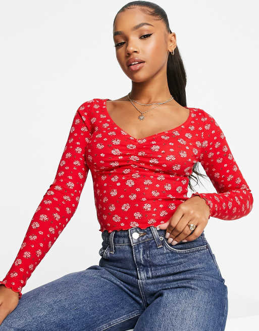 Monki - Top met lange mouwen en V-hals in rood met bloemenprint