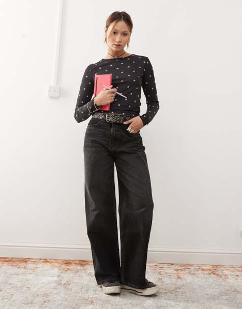 Monki - Top met sterren en lange mouwen in zwart - view 1