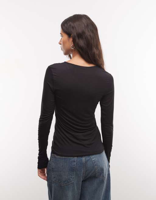 Monki top met V-hals en lange mouwen in zwart, 4 van 4