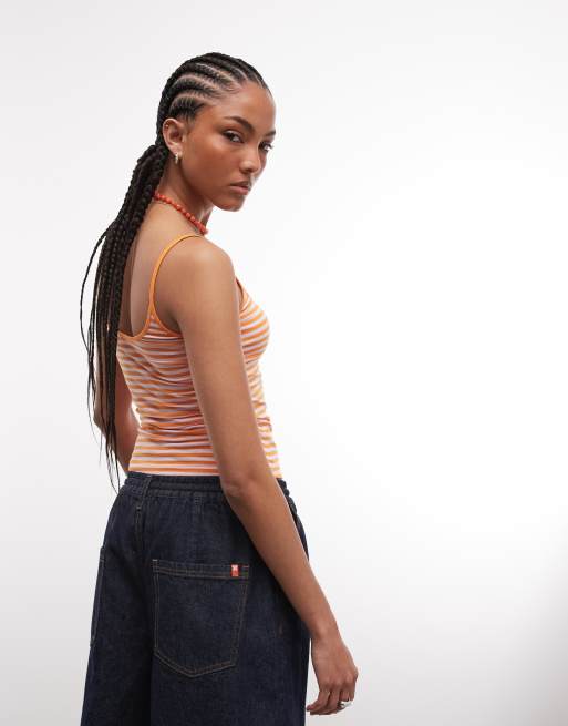 Monki - Top naranja y rosa a rayas de tirantes con cuello ancho, 4 de 4