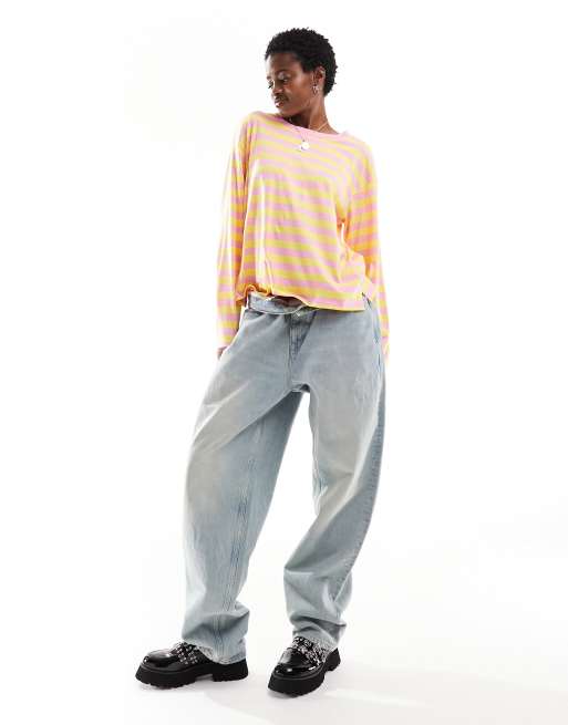 トップス mdk Monki – Top oversize z długimi rękawami w różowo-żółte paski