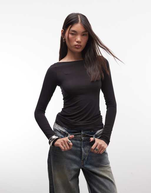 Monki - top semitransparente de manga larga con cuello barco en negro, 3 de 4