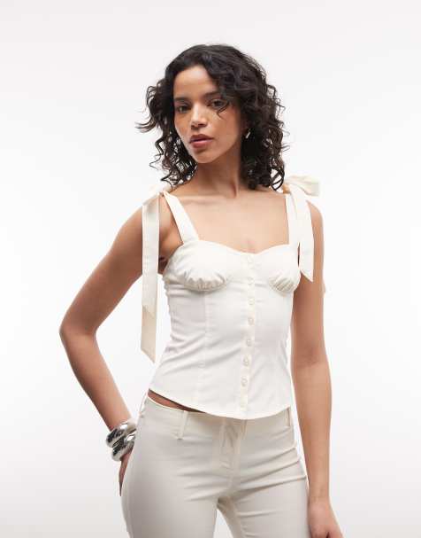 Monki - Top style corset d'ensemble avec nœuds aux épaules - Écru - view 1