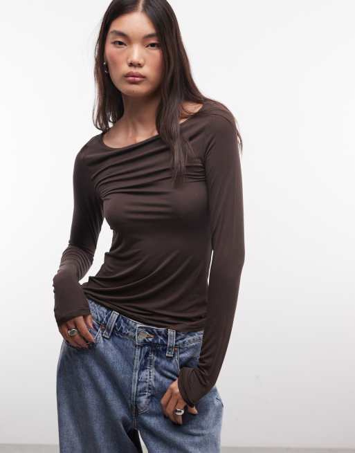 Monki top transparent à manches longues col bateau marron foncé, 3 de 4