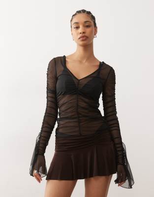 Monki - Top transparent volanté à manches longues - Noir