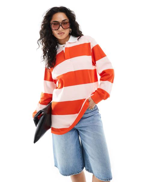 Monki – Top w stylu rugby oversize z długimi rękawami w różowo-czerwone paski - view 1