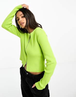 Monki rib knit zip up top in green - ASOS Price Checker