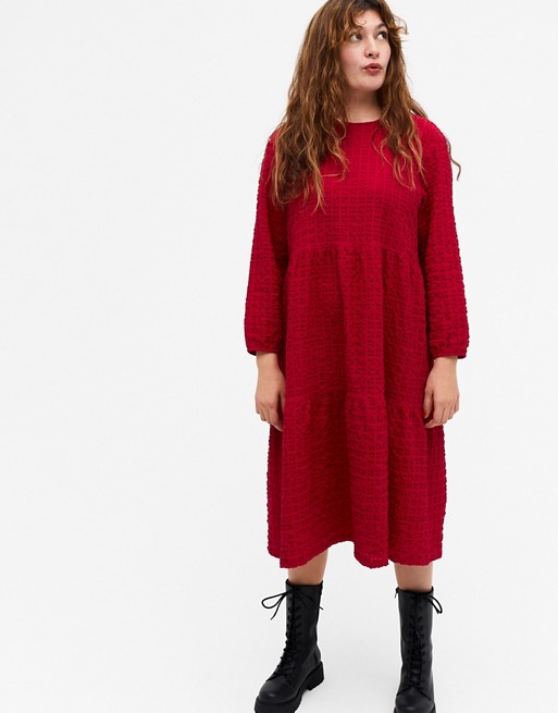 Monki Torkie cotton long sleeve midi smock dress in red - RED