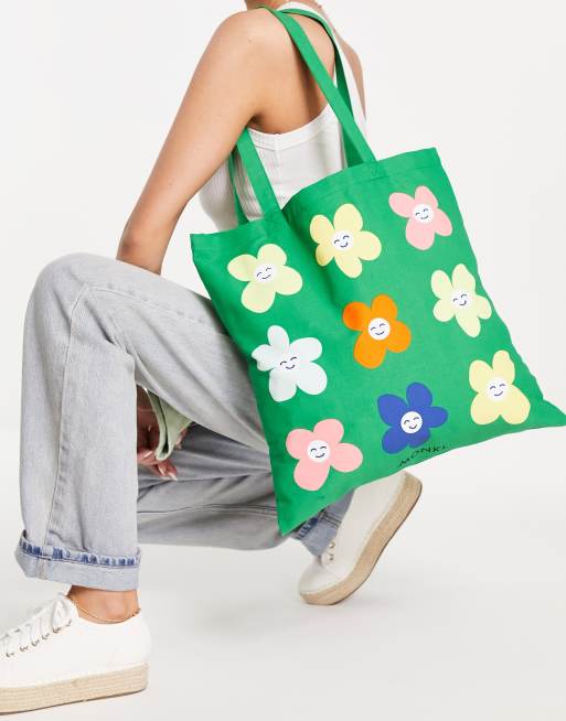 Monki Tote tas met bloemetjes in felgroen