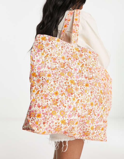 Monki Tote tas met structuur en bloemenprint in oranje