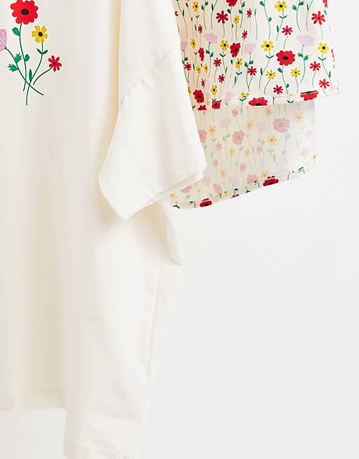 Women Monki Tova organic cotton floral print pyjama set in white 