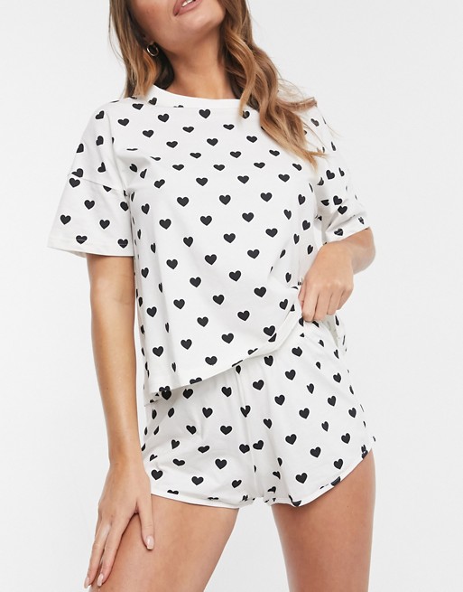 Monki Tova organic cotton heart print pyjama set in black and white