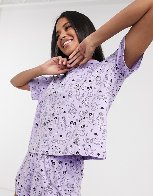 Monki Tova organic cotton zodiac print pyjama set in lilac