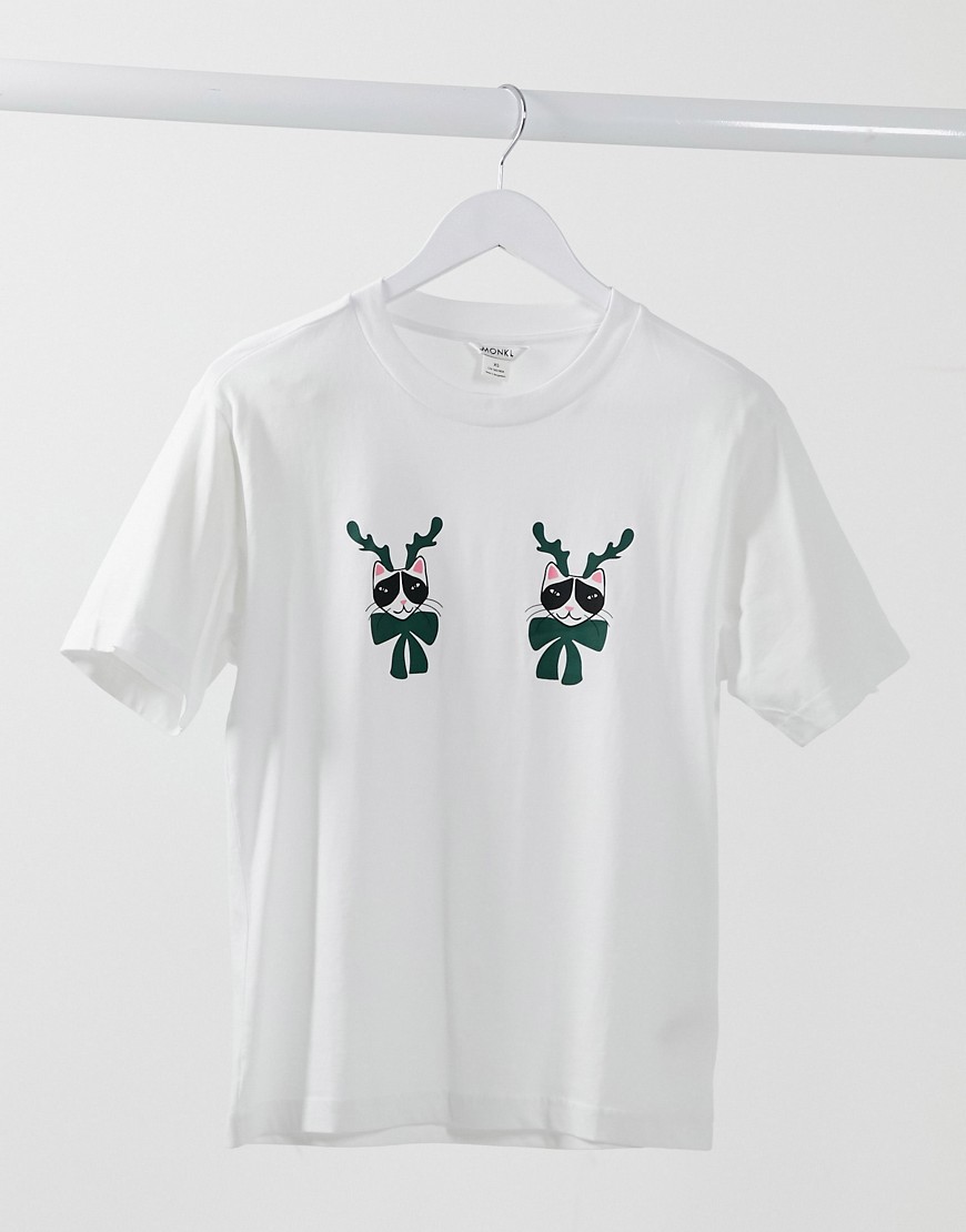 Monki – Tovi – Vit t-shirt i ekologisk bomull med juligt kattryck