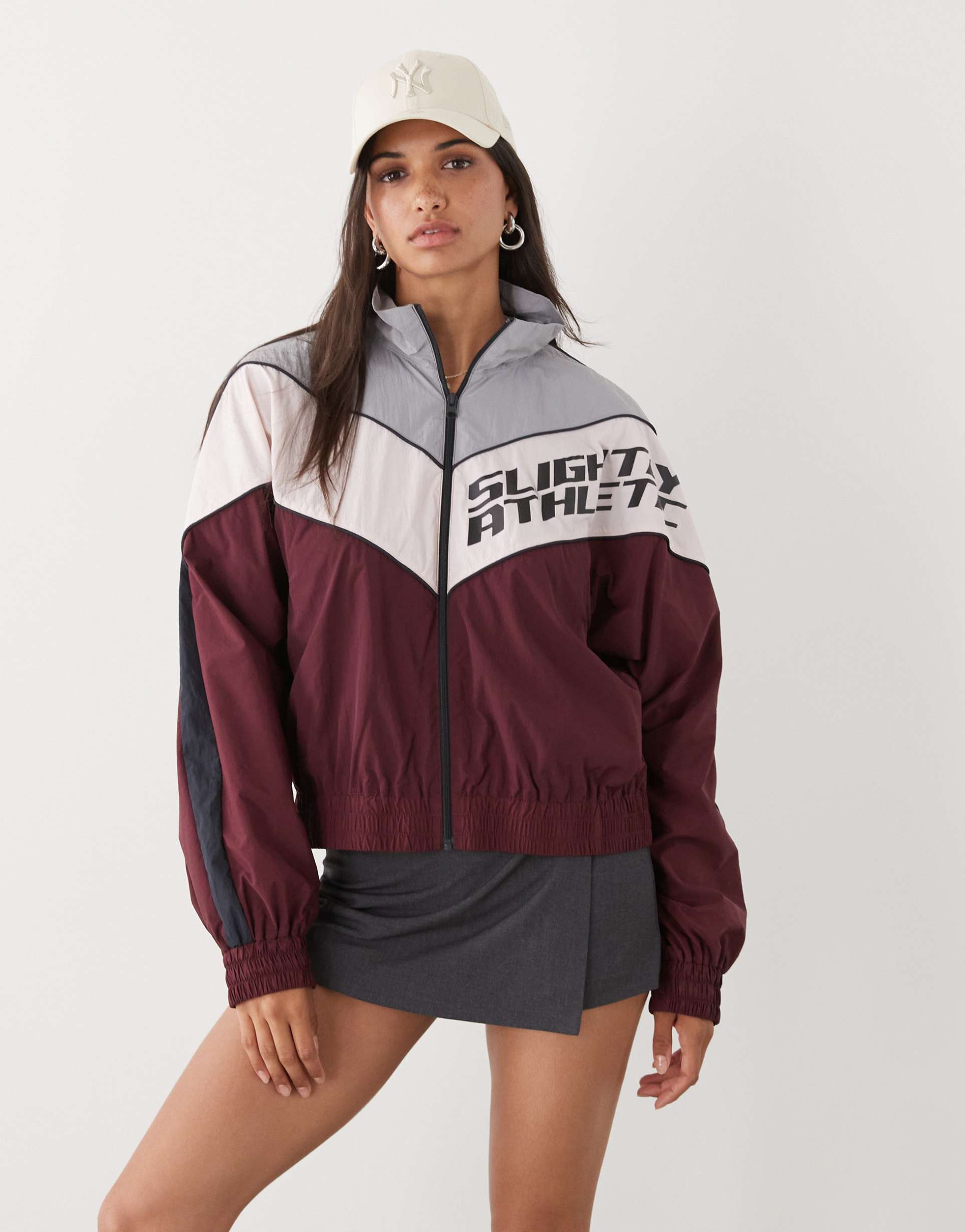 monki track jacket with print in burgundy