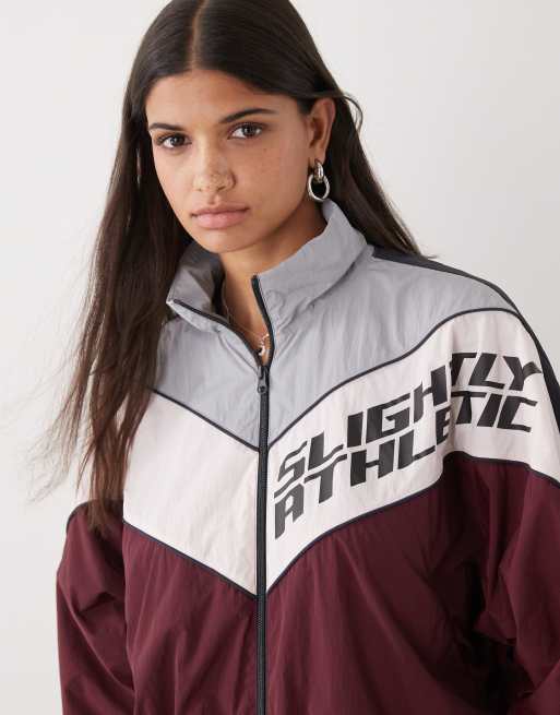 Monki track jacket with print in burgundy 