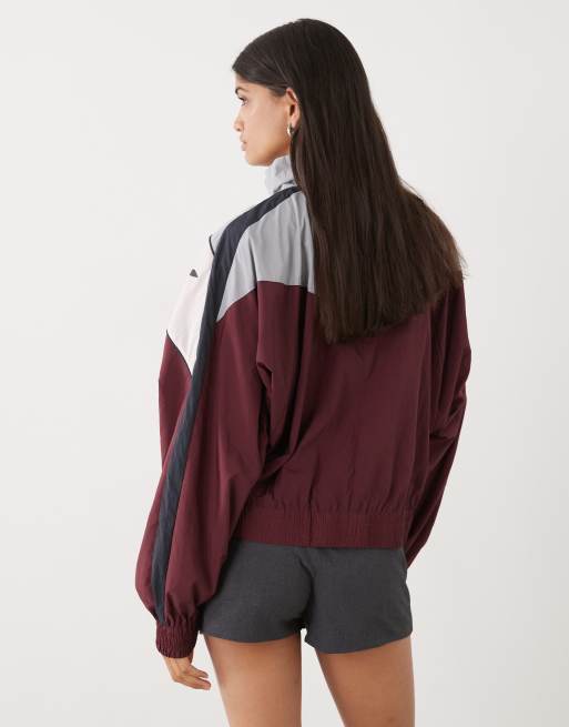 Monki track jacket with print in burgundy 