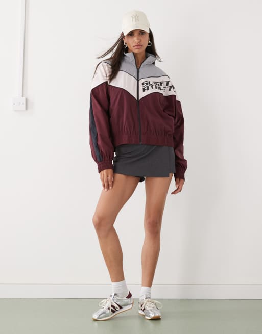 Monki track jacket with print in burgundy 