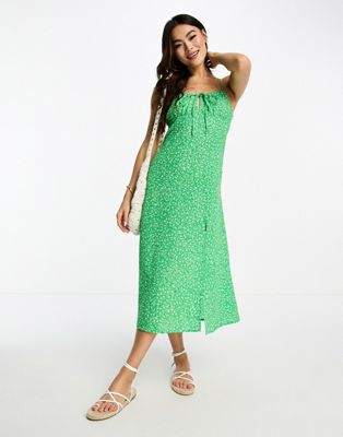 Monki strappy midi dress with split in green ditsy - ASOS Price Checker