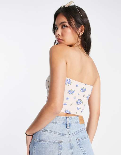 Monki – Trägerloses, gerafftes Oberteil in Beige mit Blumenmuster, 2 von 4