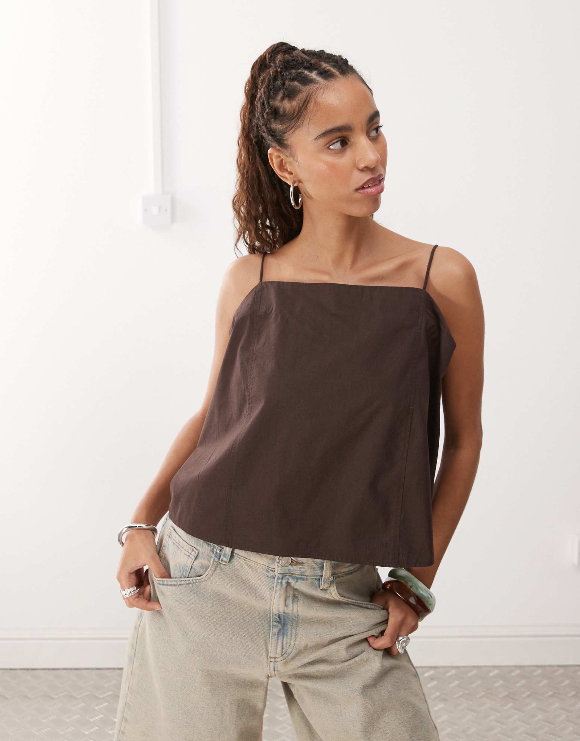 monki trapeze strappy top in brown
