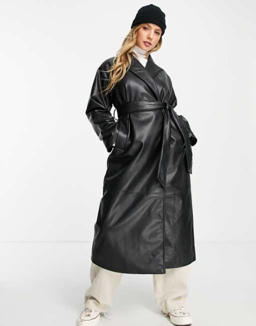 Monki - Trenchcoat van imitatieleer in zwart, 4 van 4