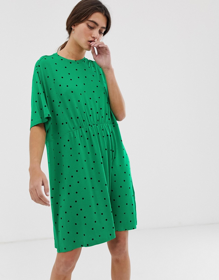 Monki triangle dot print jersey mini smock dress in green