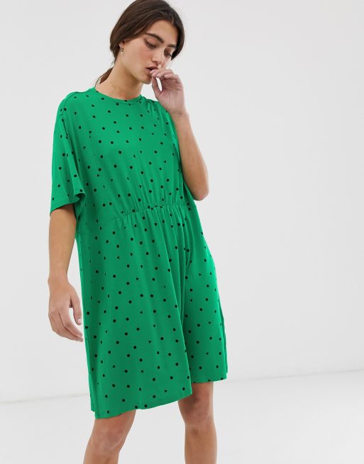 Monki triangle dot print jersey mini smock dress in green | ASOS