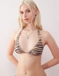 [Monki] Monki triangle double strap bikini top in brown tiger print-Neutral L Beige tiger