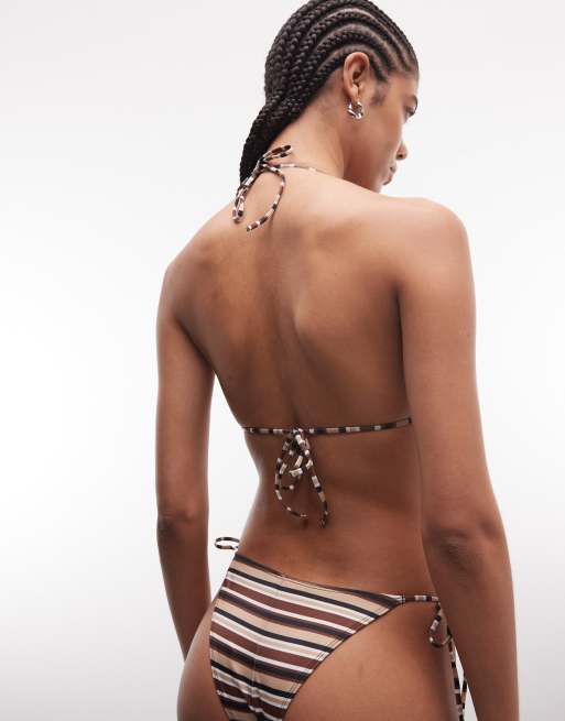 Monki triangle tie up bikini top in brown stripe, 4 of 4