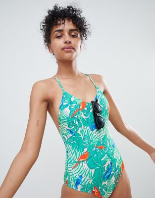 Monki Tropical Bird Print Swimsuit In Parrotprint-multi In Blue