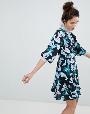 bird print wrap dress