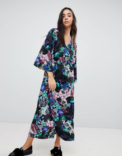 Monki Tropical Floral Print Wrap Midi Dress | ASOS