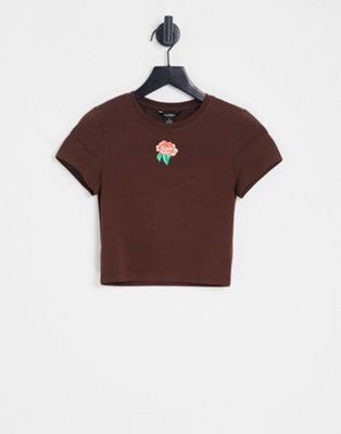 Monki tshirt with rose logo in brown