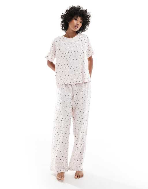 Monki Tulah soft short sleeve t-shirt and bottoms pyjama set in light pink  heart print