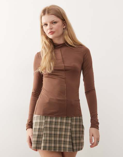 Monki turtleneck long sleeve top in chocolate - view 1