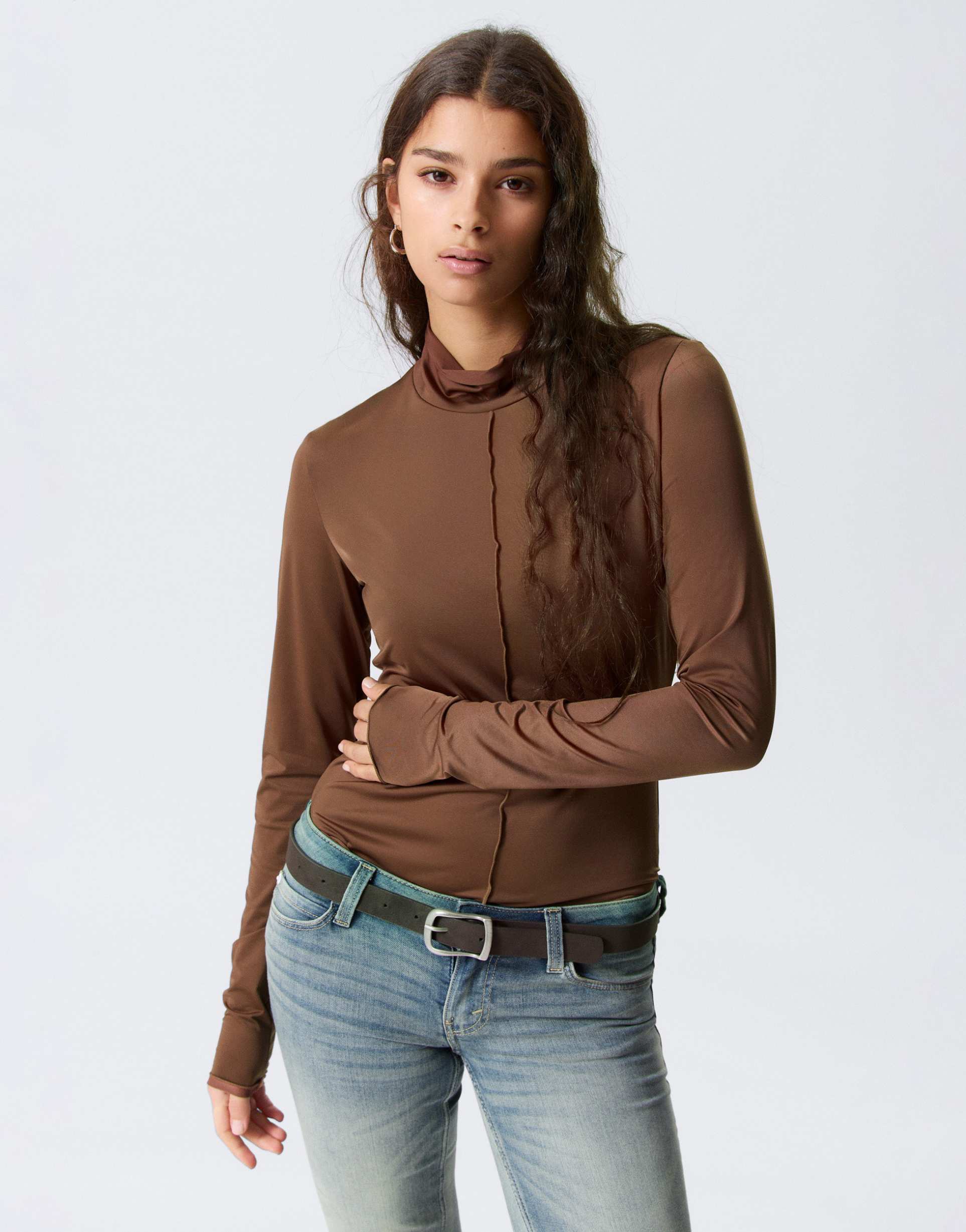 monki turtleneck long sleeve top in chocolate
