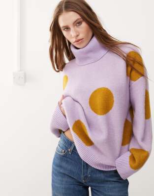 turtleneck oversized knit sweater in lilac and mustard polka dot-Purple