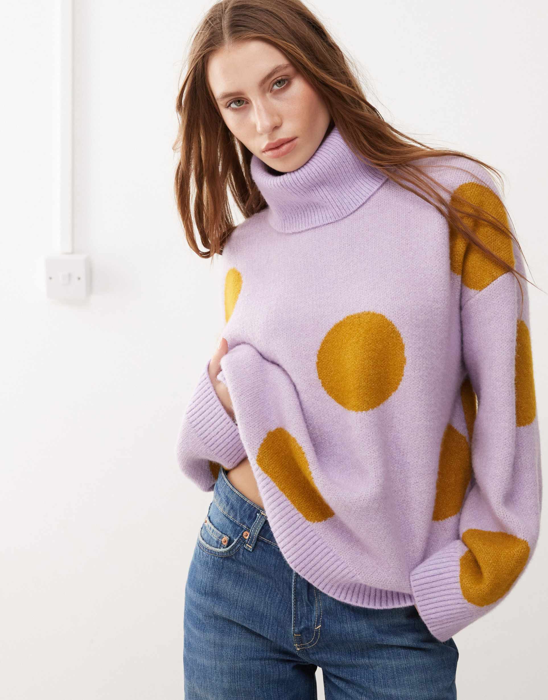 monki turtleneck oversized knit sweater in lilac and mustard polka dot