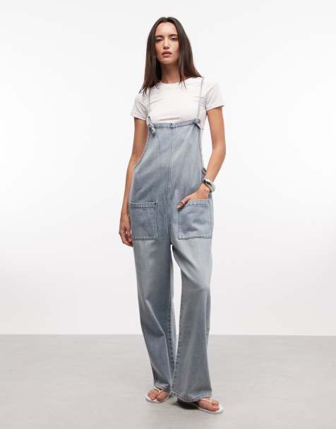 Monki - Tuta jumpsuit a fondo ampio in denim lavaggio azzurro - view 1