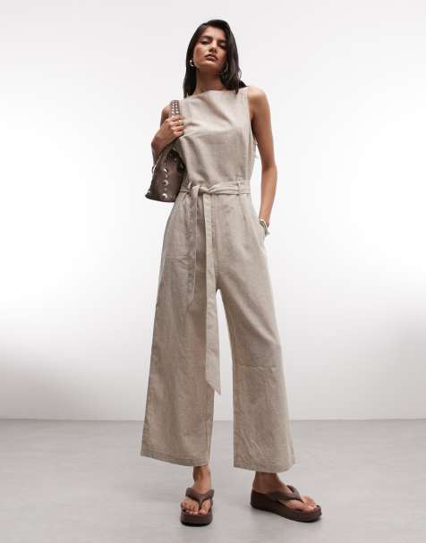 Monki - Tuta jumpsuit a fondo ampio senza maniche beige in lino con cintura annodata - view 1