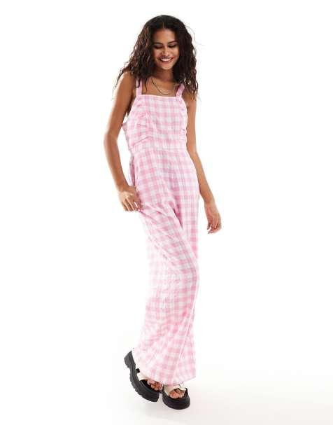 Monki - Tuta jumpsuit a quadretti rosa con collo squadrato e arricciature sul davanti - view 1