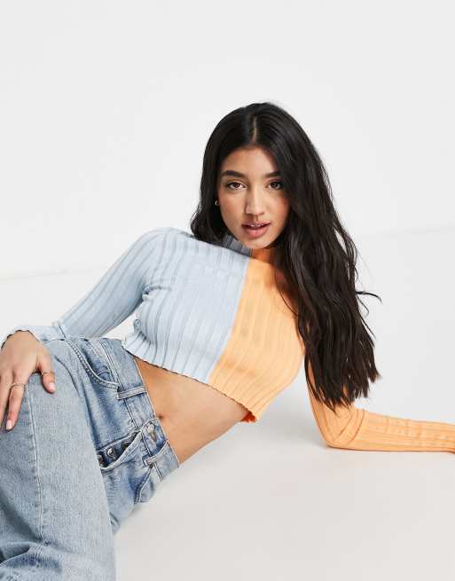 Monki - Tweekleurige gebreide top in blauw en oranje