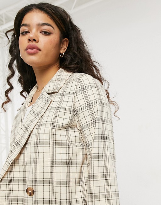 Monki Twiggy co-ord check double breasted blazer in beige