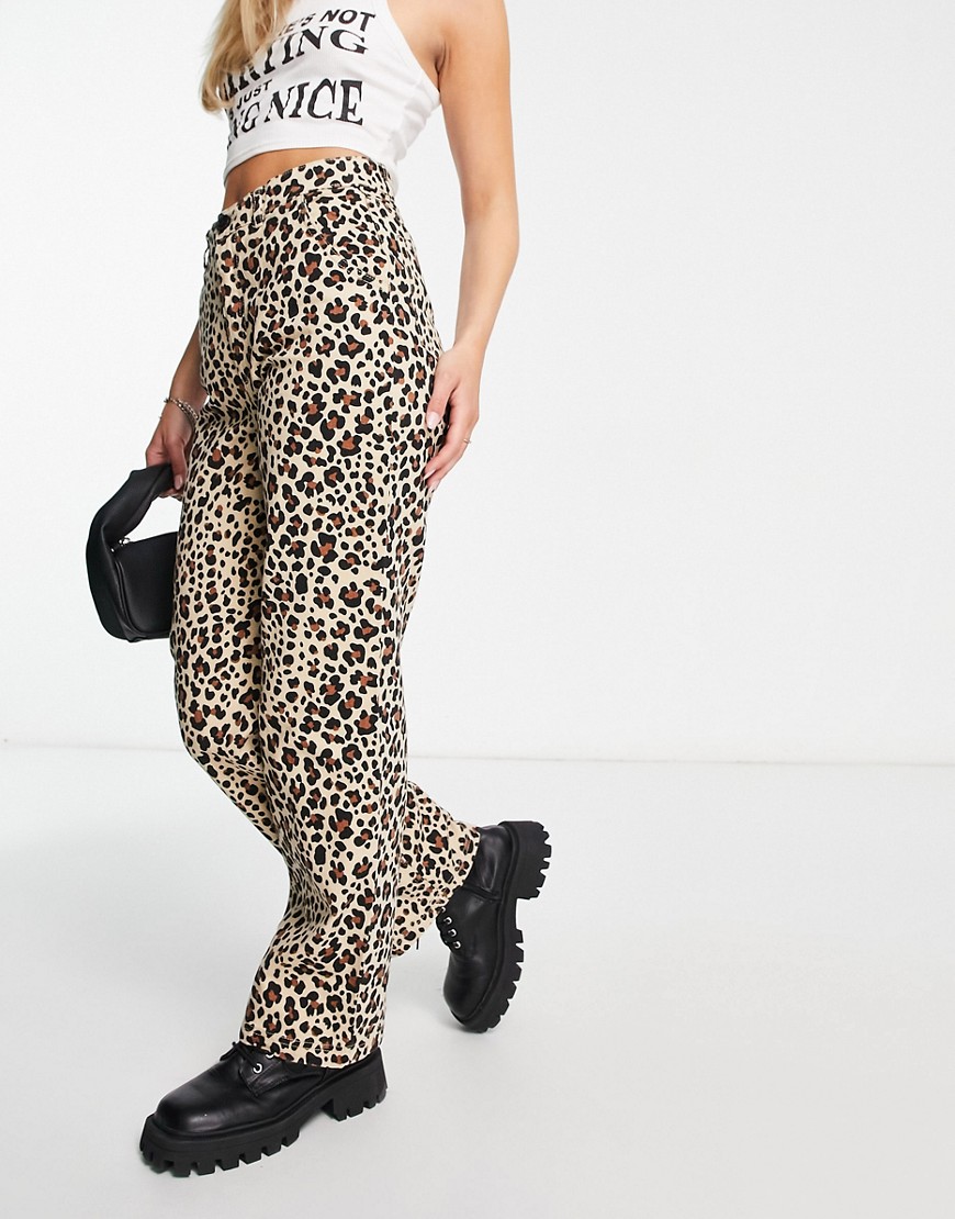 Monki twill straight leg trousers in leopard print-Brown